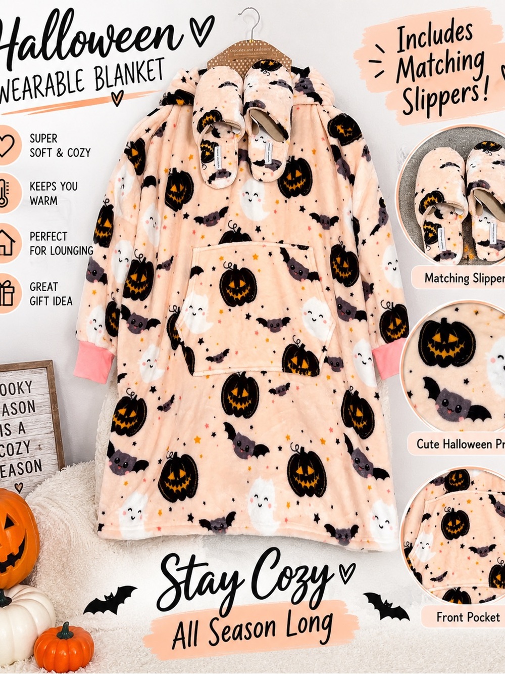 cupcakes & cashmere Pink Halloween Plush Wearable Blanket with Slippers